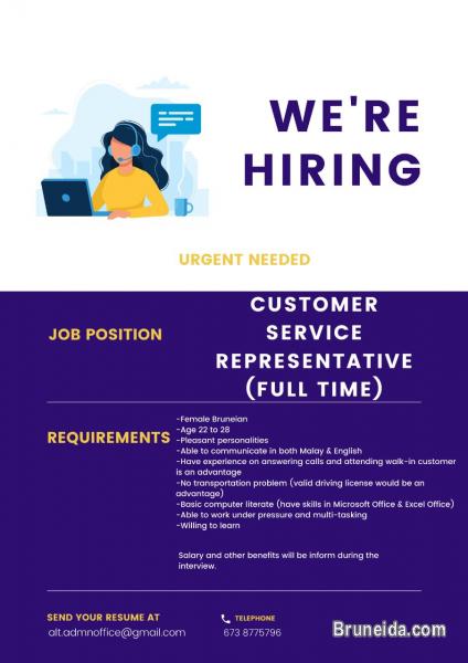CUSTOMER REPRESENTATIVE (RECEPTIONIST) - 1 POSITION (FULL TIME) - image 1